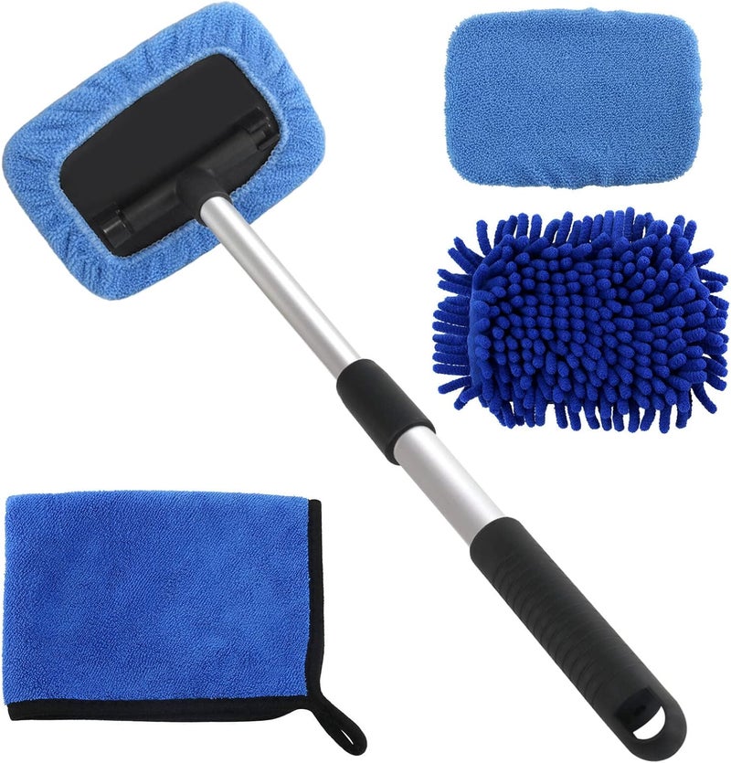 LeeLoon 5 PCS Windshield Cleaning Tools, 18 inch Microfiber Car Window Cleaning Tool with Extendable Handle, Auto Interior Exterior Glass Wiper Car Glass Cleaner Kit with Microfiber Bonnet Pads and Cloth - Image 1